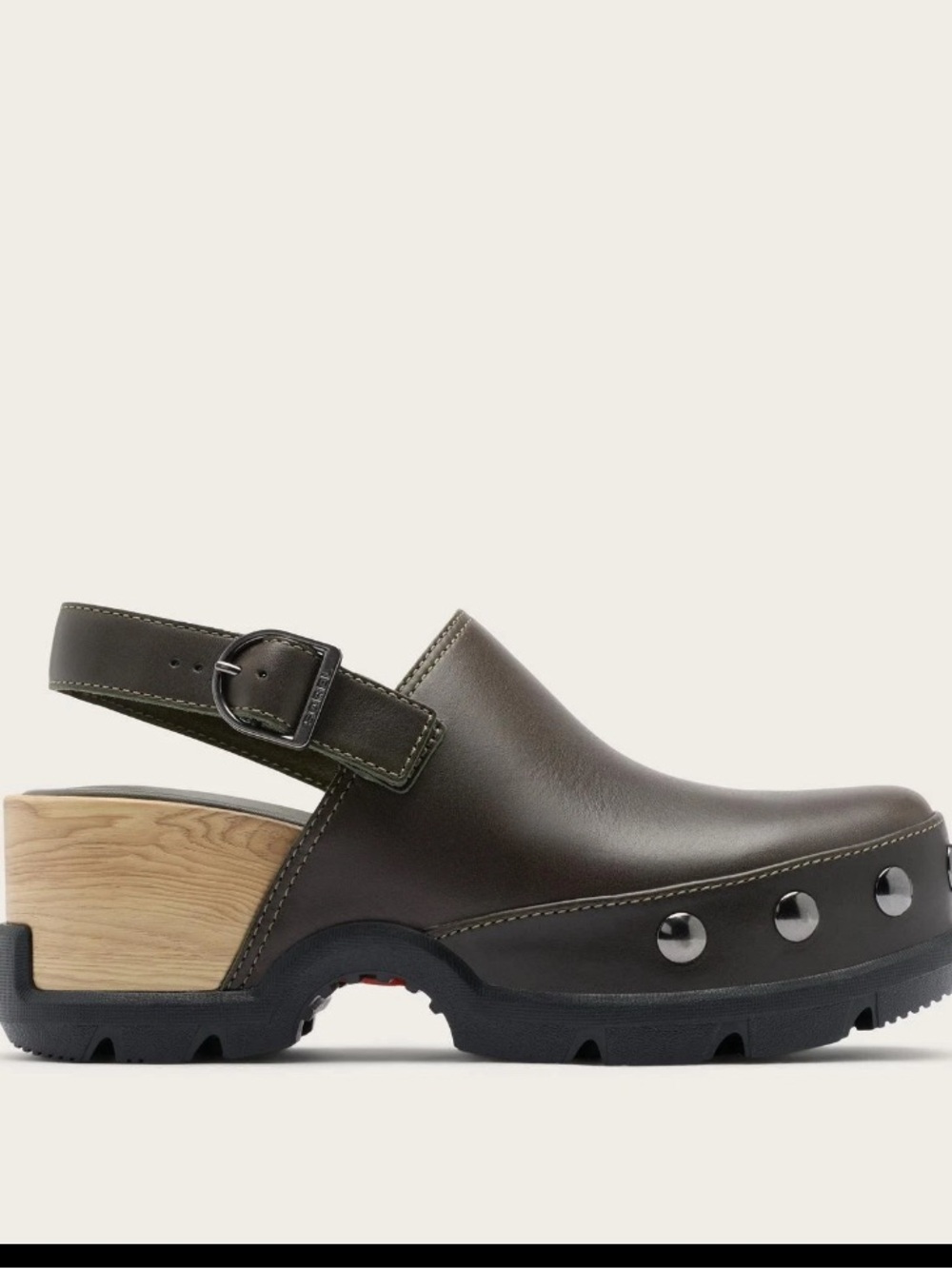 Sorel Olive Brown Leather Clog Mules with Wood Heel